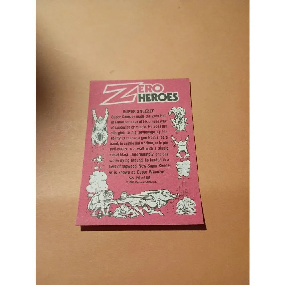 1983 General Mills Zero Heroe Trading Card Sticker Card Vintage 29 Super Sneezer